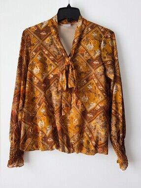 Luna Tie-Neck Floral Blouse in Mustard Brown Size S